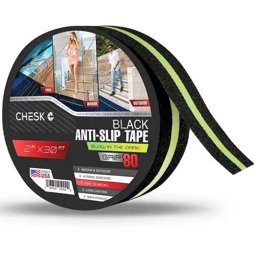 Chesk Cinta de agarre para escaleras – Cinta de agarre negra que brilla en la oscuridad de 2 pulgadas x 30 pies – Peldaños de escalera adhesiva