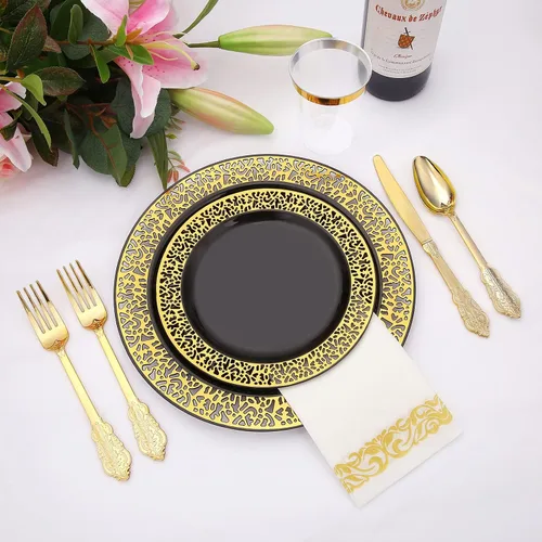 Miniatura 3 de El juego de vajilla de plástico dorado de 350 piezas incluye platos desechables negros con cubiertos de plástico dorado únicos, servilletas de lino