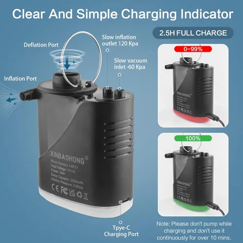 Miniatura 7 de XINBAOHONG Mini aire portátil camping luz pequeña inflador/bomba deflator con batería de 2000 mAh USB recargable para flotadores de piscina, cama