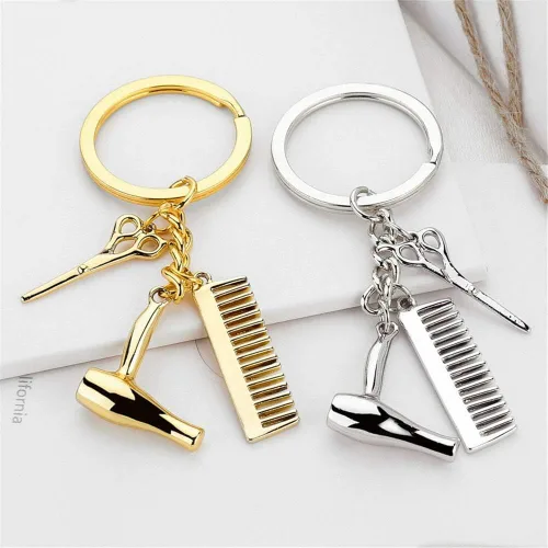 Miniatura 2 de Wixine 2 unids peluquero secador de pelo tijera peine llavero creativo llavero joyería regalos, Blanco,Oro