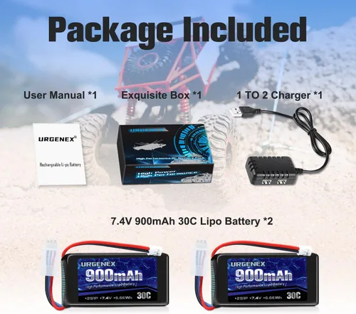 Miniatura 7 de Batería SCX24 7.4V Lipos 2S 30C (60C) Batería de litio recargable de 900 mAh con enchufe PH2.0 compatible con la mayoría de camiones RC a escala