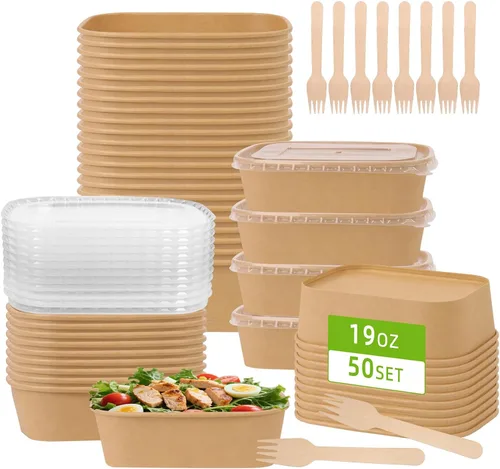 Paquete de 50 recipientes de comida de papel de 19 onzas con tapas, recipientes de preparación de comidas, cuencos de papel grandes desechables,