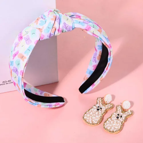 Miniatura 2 de Diadema anudada con joyas con estampados de conejito de Pascua, huevo y zanahoria, accesorio para el cabello de primavera para fiestas y recuerdos