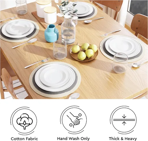 Miniatura 4 de Encasa XO Juego de 6 manteles individuales de comedor, manteles individuales de algodón, 13 pulgadas de diámetro, gris claro y blanco roto