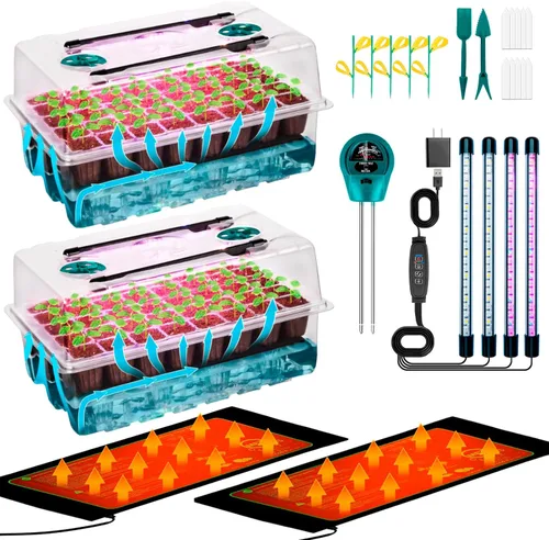 Bandeja de inicio de semillas de riego automático con luz de crecimiento y tapete térmico, bandejas de inicio de plantas de 80 celdas, bandeja de