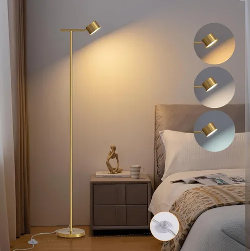 Lámpara de pie para dormitorio, 3 temperaturas de color, lámpara de pie minimalista con tapa de lámpara flexible, lámparas de pie modernas doradas