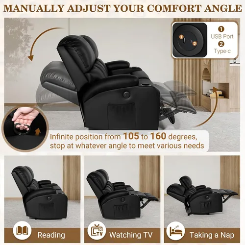 Miniatura 5 de CHABATREE Sofá reclinable con masaje y calor, asiento de cine en casa, sofá biplaza reclinable manual para caravana con soportes USB/tazas