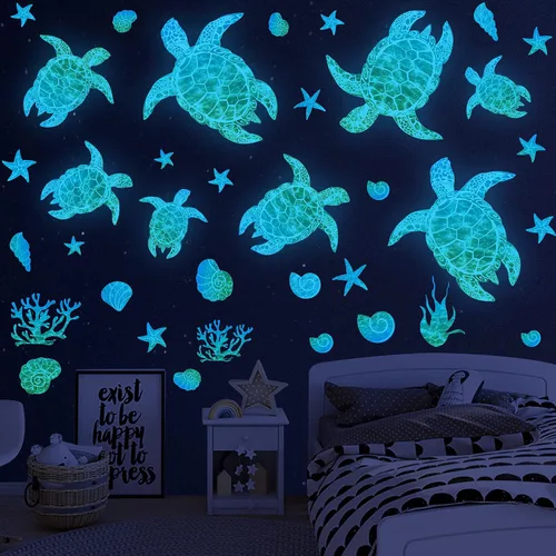 Desert Camel Calcomanías de pared de tortuga marina que brillan en la oscuridad, vinilo para decoración de baño, para niños, dormitorio, guardería,