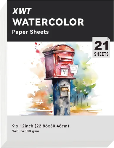 XWT 21 hojas de papel de acuarela de 9 x 12 pulgadas, 140 libras/300 gsm, prensado en frío, sin ácidos, blanco natural, texturizado, suministros de