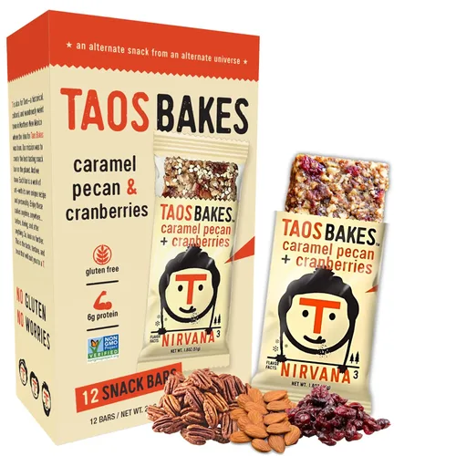 Taos Bakes - Nuez de caramelo + arándanos - Barras de desayuno - 0.17 oz de fibra y sin gluten - Snacks saludables para adultos - Lleno de nueces,