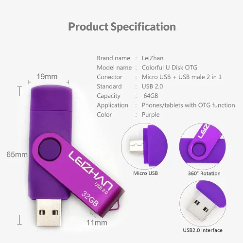 Miniatura 4 de 32 GB OTG USB Flash Drive 64 gb128gb Pendrive de metal para teléfono inteligente Android Micro USB Pen Drive USB 2.0 para Samsung, Huawei, Púrpura