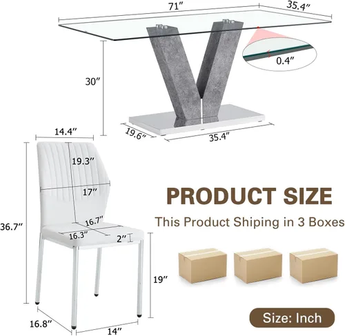 Miniatura 3 de Juego de mesa de comedor de cristal moderno de 71 pulgadas para 6, juego de mesa de comedor de 7 piezas con sillas y mesa de vidrio templado