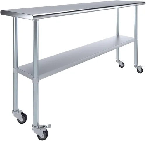 Miniatura 12 de Mesa de trabajo comercial de acero inoxidable con estante inferior y ruedas (24x72)