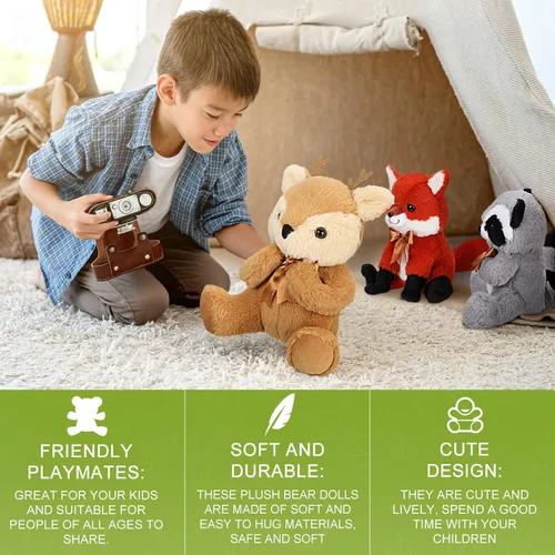 Miniatura 7 de Zomiboo Juego de 4 piezas de animales de peluche del bosque, de la selva, incluye peluche de alce, zorro, mapache, oso, realista, negro, animales