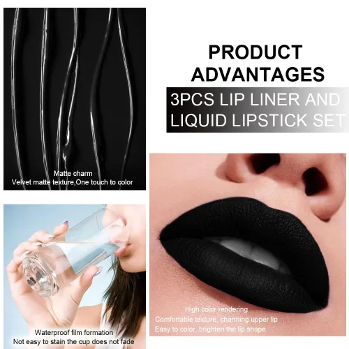 Miniatura 5 de 3 piezas 2 en 1 Set de delineador y lápiz labial líquido de color negro oscuro, púrpura y azul real para mujeres, tinte labial de larga duración, a