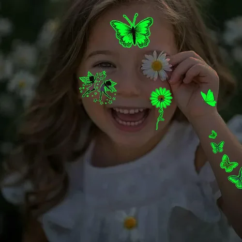 Miniatura 5 de CHARLENT Tatuajes de mariposa luminosos para niños, 14 hojas que brillan en la oscuridad, tatuajes temporales de hadas de mariposa para niñas