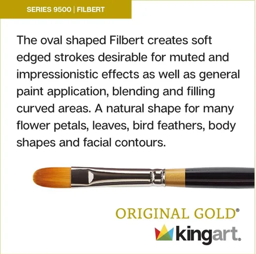 Miniatura 3 de KINGART Premium Original Gold 9500-2 Filbert Series - Cepillo para artista, pelo sintético Taklon dorado, mango corto, para acrílico, acuarela