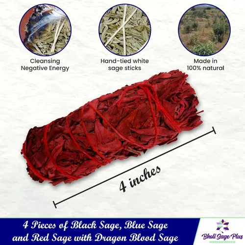 Miniatura 3 de Kit de inicio de salvia de Bholi Sage Plus para la limpieza de energía negativa. Paquete variado de 4 que incluye salvia blanca, negra, azul y roja