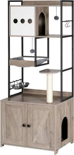 HOOBRO Árbol para gatos con caja de arena, torre para gatos de 58.7 pulgadas de alto con muebles de caja de arena oculta, con poste rascador,