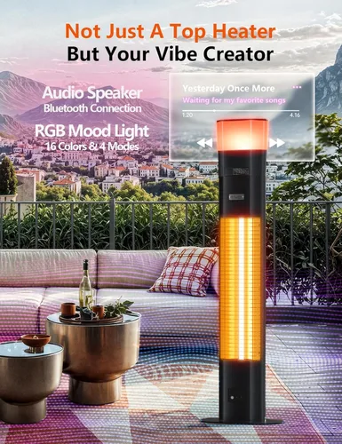 Miniatura 2 de Calentador eléctrico para patio al aire libre, calentador 3 en 1 con altavoz de audio y luz RGB, torre infrarroja de 1500 W, 43 pulgadas, IP65 a