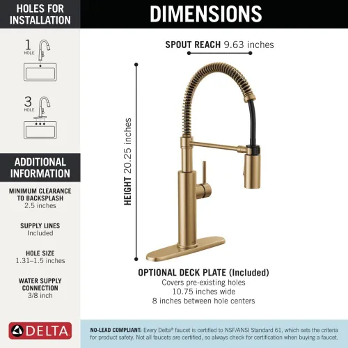 Miniatura 5 de DELTA - Grifo de cocina comercial estilo Antoni Pro con rociador desplegable, grifo de fregadero de cocina de un solo orificio dorado cepillado