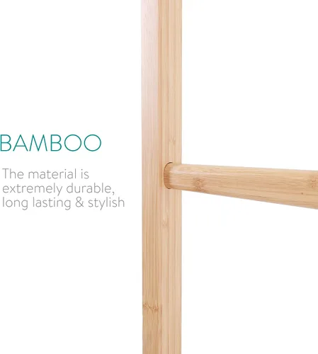 Miniatura 4 de Navaris Escalera para toallas de bambú, estante de madera, toalla, toalla, ropa, barandilla de lino para baño y dormitorio, soporte para toallas