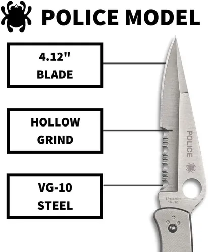 Miniatura 3 de Spyderco Cuchillo de bolsillo plegable Police con hoja de acero VG-10 de 4.2" pulgadas y mango de acero inoxidable - Cuchillo EDC para hombres