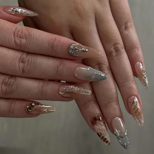 Miniatura 24 de Uñas postizas medianas a presión de almendra, con lazo 3D, perlas y diamantes de imitación, diseños de flores, uñas adhesivas, uñas acrílicas