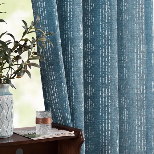 Miniatura 3 de Vangao Cortinas bohemias con estampado de rayas azules, cortinas de granja de 96 pulgadas de largo, 2 paneles de cortinas de mezcla de lino