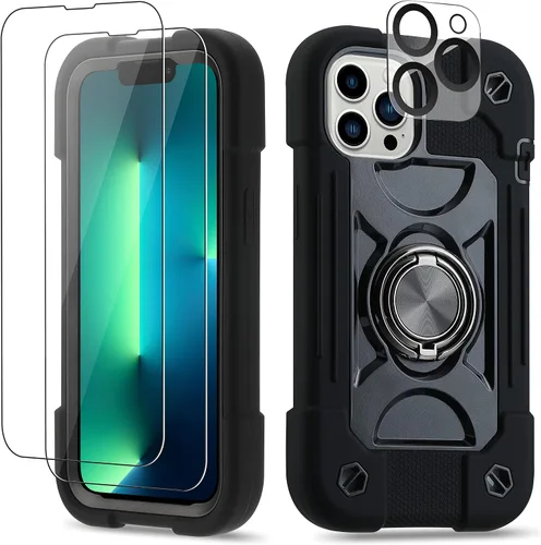 Miniatura 12 de Funda para iPhone 11 de 6.1 pulgadas con soporte de anillo, con 2 protectores de pantalla de vidrio, resistente a los golpes, resistente a
