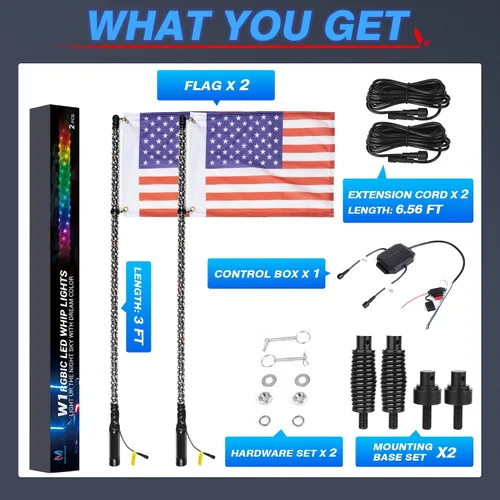 Miniatura 9 de MICTUNING 2PCS Luces LED Whip W1 de 3 pies con bandera y base de resorte, luces whip de persecución en espiral RGB+IC con APP, sincronización