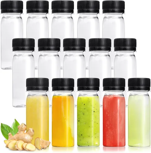 Xuyyicao 30 Piezas Botellas Pequeñas de Plástico de 2 Oz para Líquidos, Botella para Shot de Jengibre con Tapas, Recipientes de Bebidas