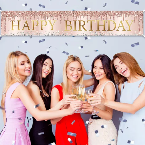 Miniatura 6 de Cartel de feliz cumpleaños de oro rosa rosa, gran cartel de feliz cumpleaños para patio, suministros de fiesta para mujeres, decoración