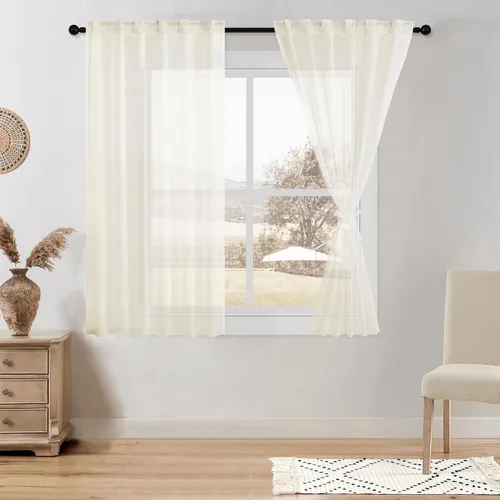 Miniatura 18 de DWCN Cortinas traslúcidas de lino floral, bolsillo para barra y pestaña trasera, cortina de mezcla de lino para dormitorio, sala de estar, cortinas
