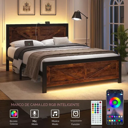 Miniatura 3 de DOGIBIXO Marco de cama tamaño completo con luces LED y carga USB, marco de cama de plataforma industrial con cabecera de puerta de granero