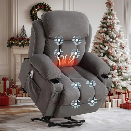 BOSMILLER Silla reclinable eléctrica con masaje y calor para ancianos, sofá reclinable eléctrico individual con dos soportes para tazas, reposapiés
