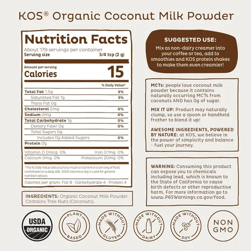 Miniatura 2 de KOS Organic Coconut Milk en polvo – Sin azúcar, sin lácteos, vegano, no OGM, sin gluten, sin soja, sin lactosa – amigable con Keto & Paleo – 12.6oz