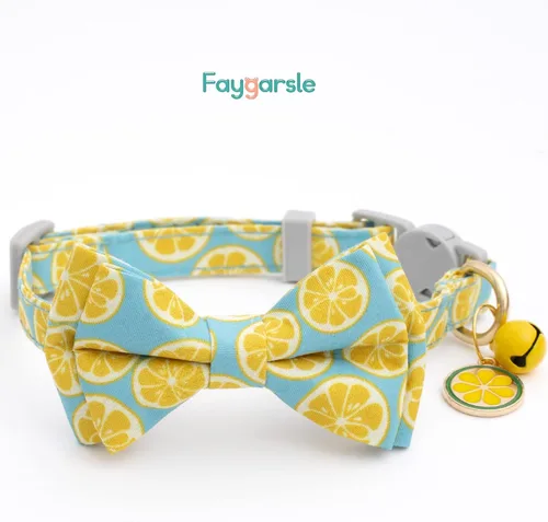 Miniatura 4 de Faygarsle Paquete de 2 collares de gato lindos con campana de moño separable para gatos machos y hembras, patrón de sandía, limón y rosa de lujo