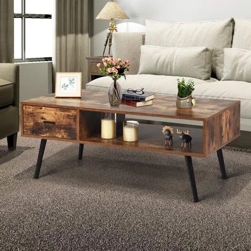 Miniatura 2 de Giantex Mesa auxiliar rectangular, soporte de TV de mediados de siglo con 1 cajón y estante de almacenamiento abierto para sala de estar, sala