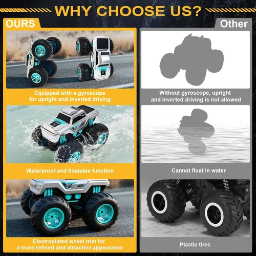 Miniatura 6 de Camión de control remoto anfibio impermeable para niños, giroscopio autoequilibrante Monster Truck con acrobacias de ruedas, luces LED, automóvil RC