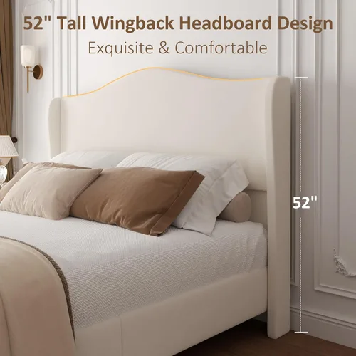 Miniatura 9 de Armazón de cama tamaño completo con cabecera de 51" de altura, marcos de cama de plataforma tapizados en chenilla con respaldo clásico curvado tipo