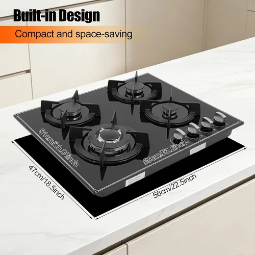 Miniatura 3 de Estufa de gas de 23 pulgadas, 4 quemadores, estufa de gas integrada con panel de vidrio templado, estufa de GN/LPG, quemadores de cocina