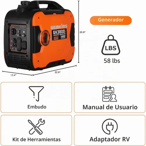 Miniatura 8 de Genkins Generador portátil de inversor de 3800 vatios ultra silencioso listo para RV, de emergencia, para respaldo en el hogar, recreación, etc. A