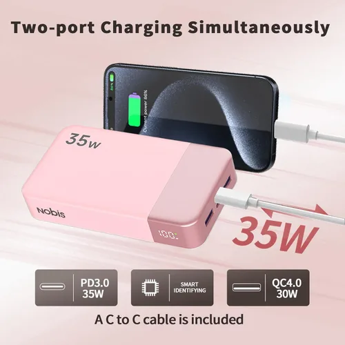 Miniatura 3 de NOBIS Cargador portátil, banco de energía de 20000 mAh, banco de energía de 35 W, carga rápida, paquete de batería con cable C a C, banco de batería