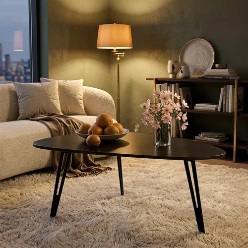 Miniatura 5 de Manora Mesa de Café Moderna y Simple de Madera con Patas de Metal Negro, Mesa de Té Ovalada para Sala de Estar u Oficina, Mesa Central Compacta
