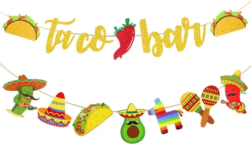 Fiesta Taco Bar Banner Garland 2 juegos de fiesta mexicana fiesta bandera con cactus burro maraca sombrero taco pimienta para fiesta temática