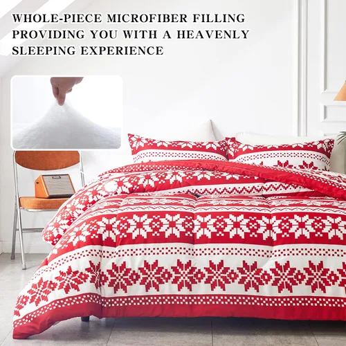 Miniatura 3 de Joyreap Juego de edredón de 3 piezas, diseño de copo de nieve rojo y blanco, edredón de microfibra suave para todas las estaciones