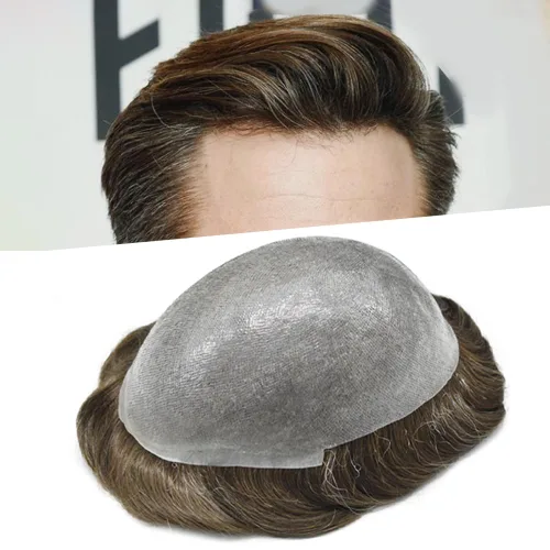 Miniatura 10 de Tupé de piel ultra fina para hombres pieza de cabello humano real sistema de reemplazo 0.002 in Mens Toupee Hairpiece para hombres V-Loop 8x10 80%