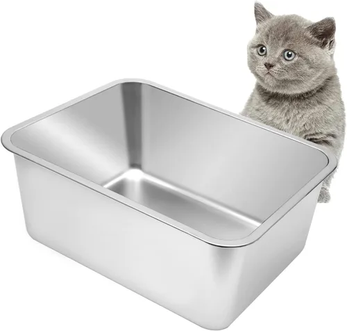 Miniatura 9 de Kichwit Caja de arena para gatos de acero inoxidable, bandeja de arena para gatitos, bandeja de arena de metal para gatos, superficie lisa