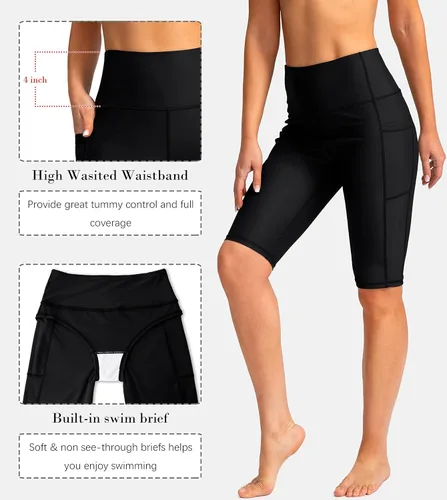 Miniatura 5 de SANTINY Pantalones cortos de natación de cintura alta de 812 pulgadas para mujer con bolsillos, UPF50+ pantalones cortos de natación largos